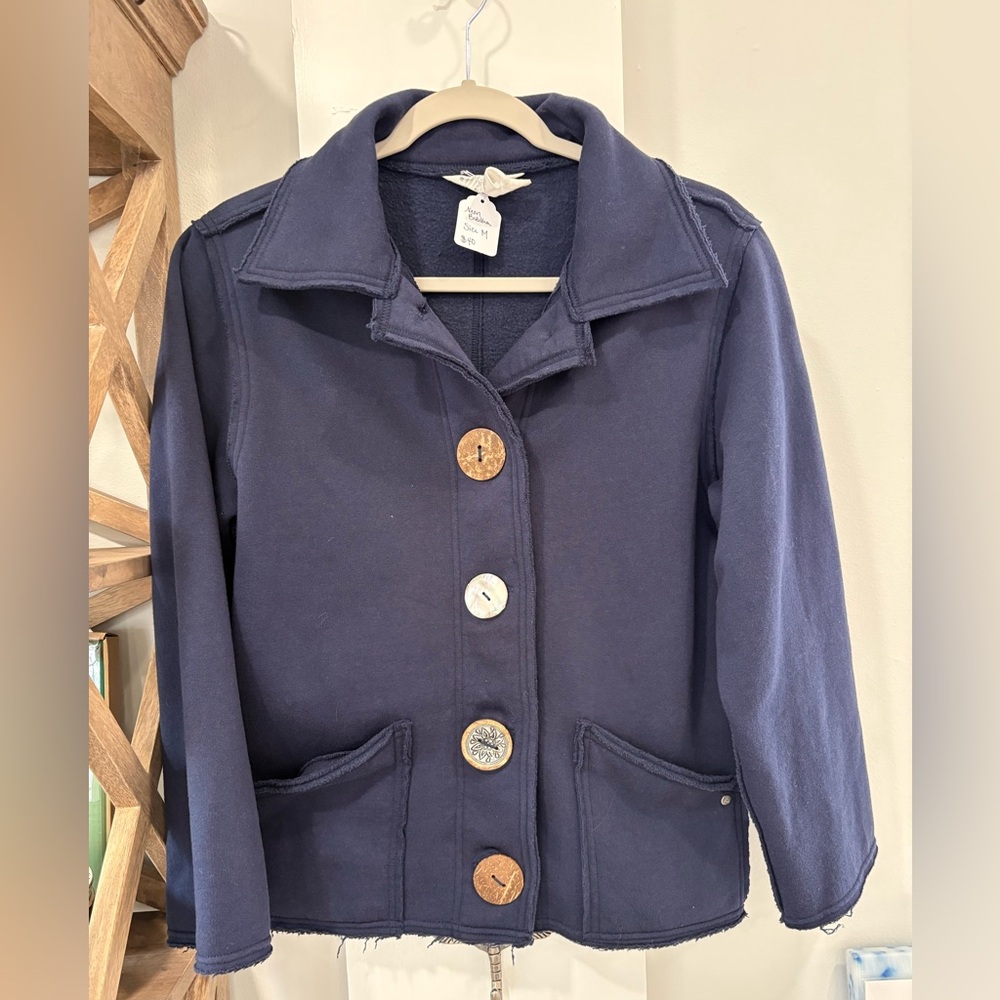 neon buddha Navy Button-Front Blazer Jacket with Wooden Buttons